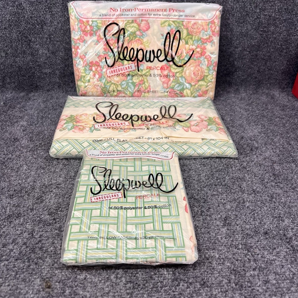 Sleepwell Full Size Fitted Flat Sheets Pillowcases Green & Pink Floral New Irreg